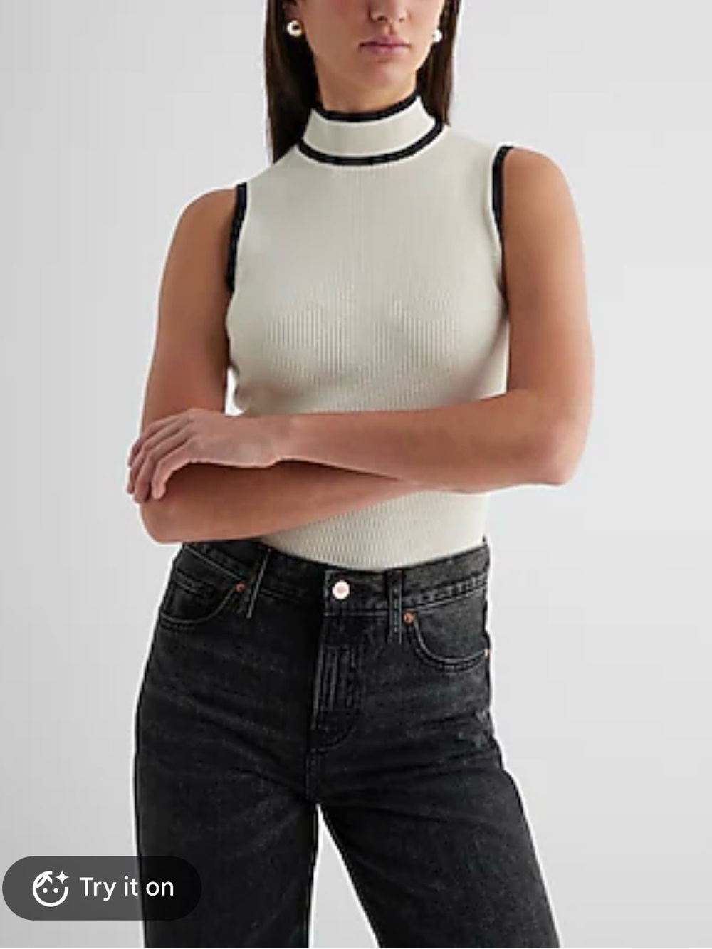 Express Cream Ribbed Mock Neck Tank with Black Trim